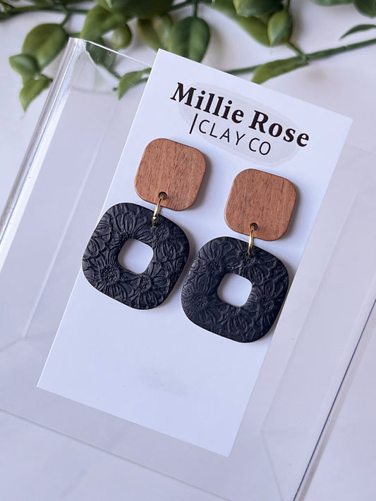 Black Sunflower Texture Square Dangle w/ Wood Top Stud (Gold)