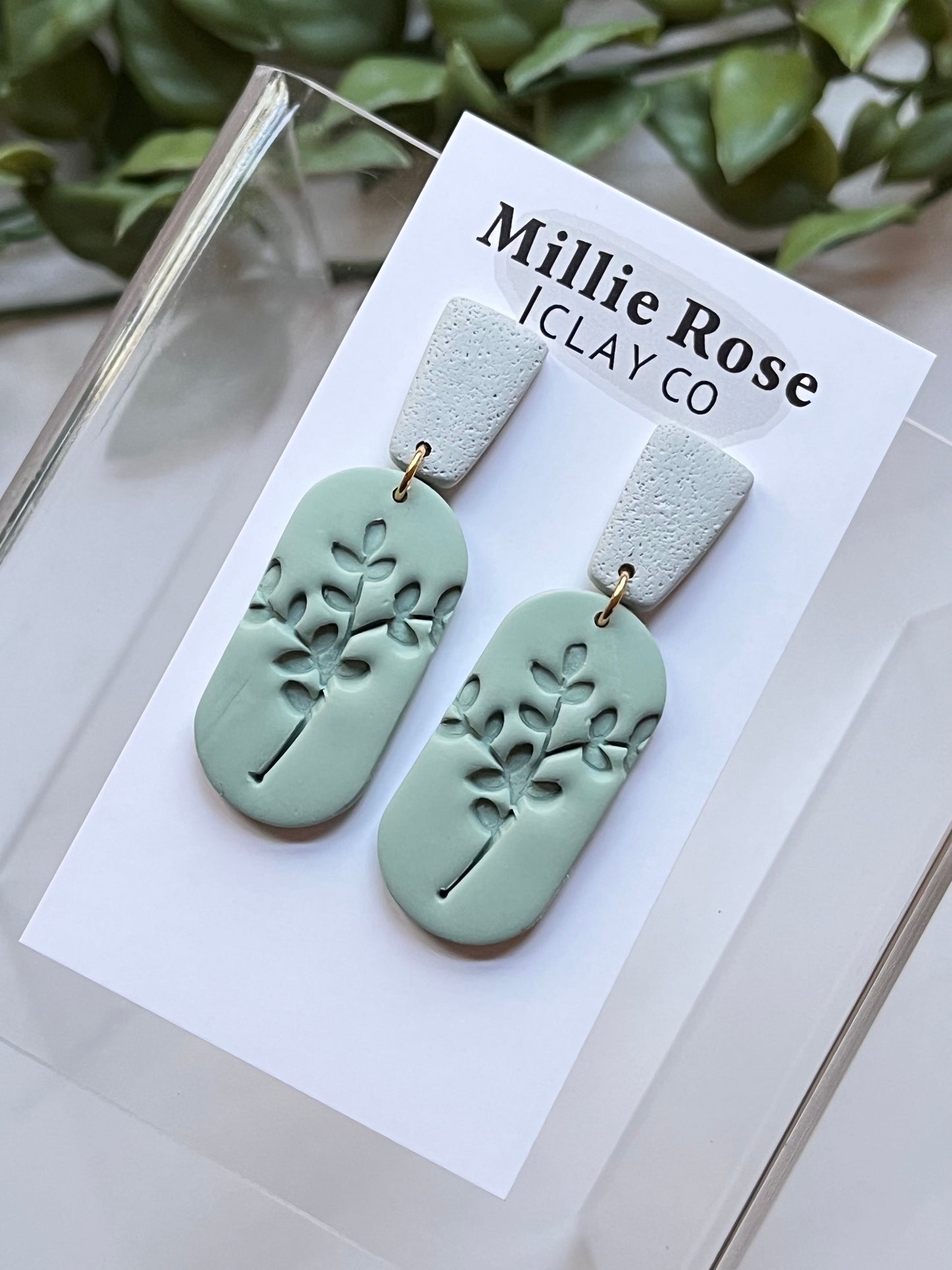 Embossed Light Green Floral Clay Stud Dangle