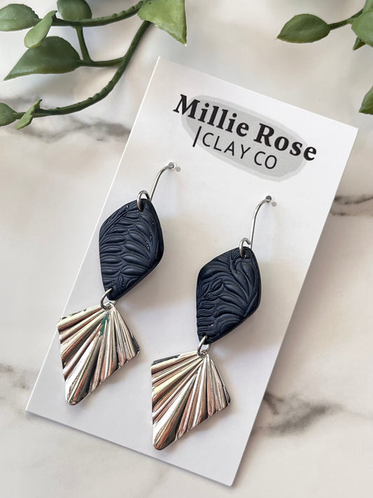 Black Diamond Leaf Textured Hook Dangle w/ Silver Diamond Charm