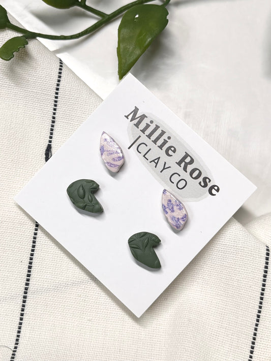 Stud Pack - Lavender Print & Dark Green Leaves