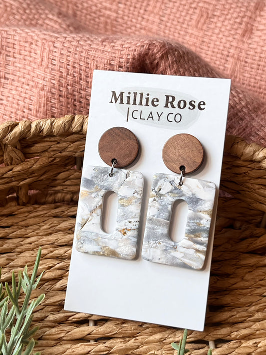 Rounded Rectangle Pearl Marbled Dangle w/ Wood Circle Stud (Silver)