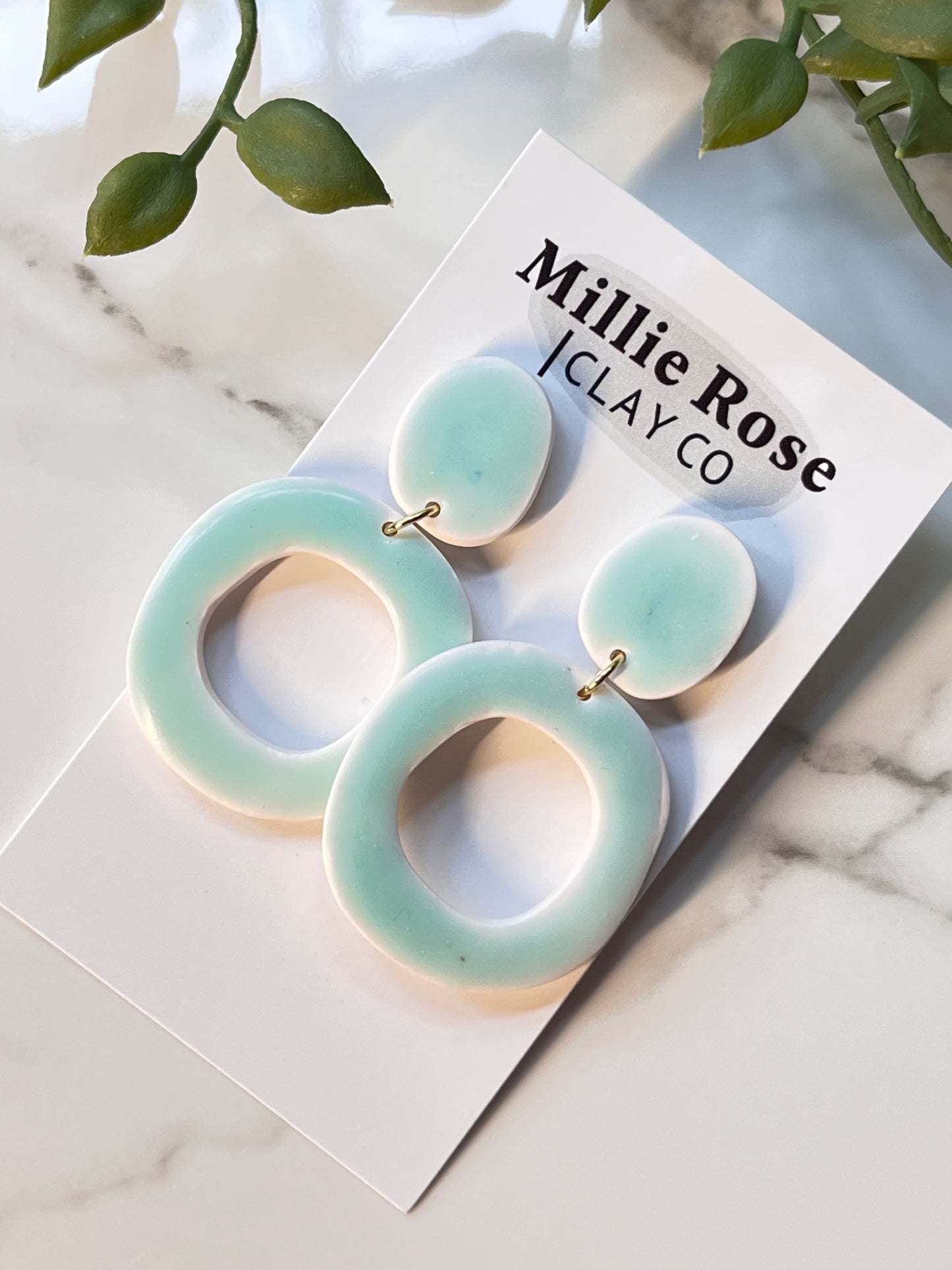 Glazed Sea foam Green Organic Circle Dangle w/ Clay Stud (Gold)