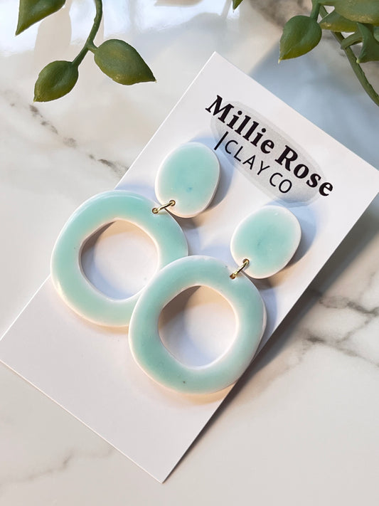 Glazed Sea foam Green Organic Circle Dangle w/ Clay Stud (Gold)