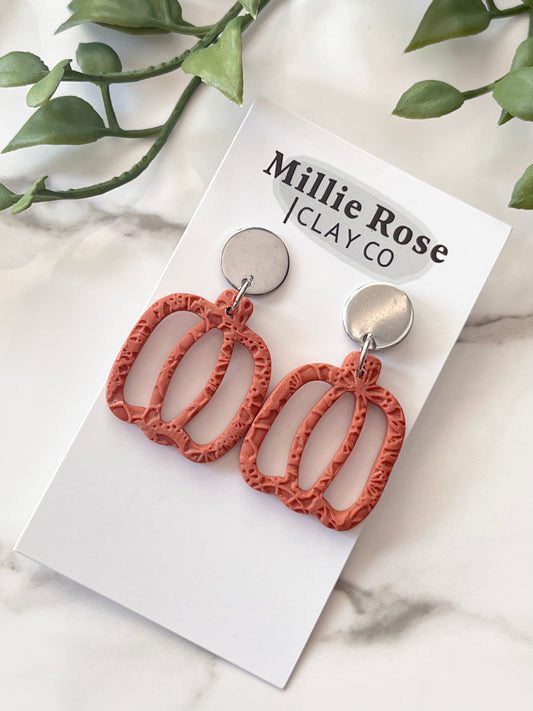 Fall Terracotta Lace Textured Pumpkin Dangle w/ Silver Circle Stud