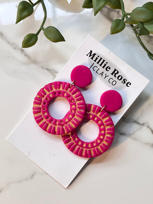 Magenta Embossed Circle Dangle w/ Clay Stud (Gold)