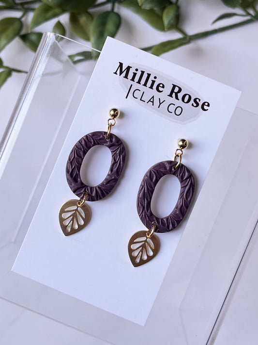 Leaf Texture Oval Dangle w/ Gold Ball Stud & Leaf Charm (Purple)