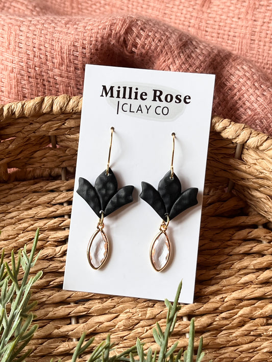 Black Hammered Gold Floral Dangle w/ Glass Charm