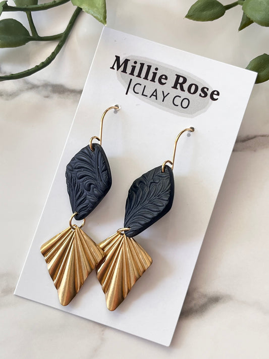 Black Diamond Leaf Textured Hook Dangle w/ Gold Diamond Charm