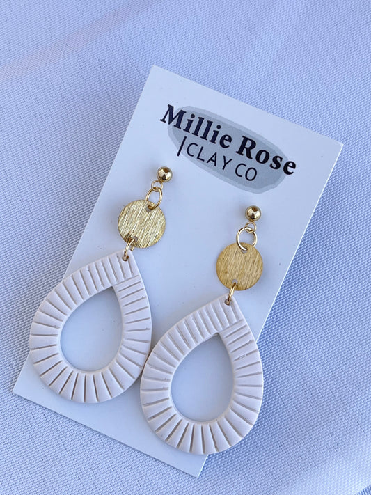 Cream Embossed Teardrop Dangle w/ Gold Circle Brass Charm