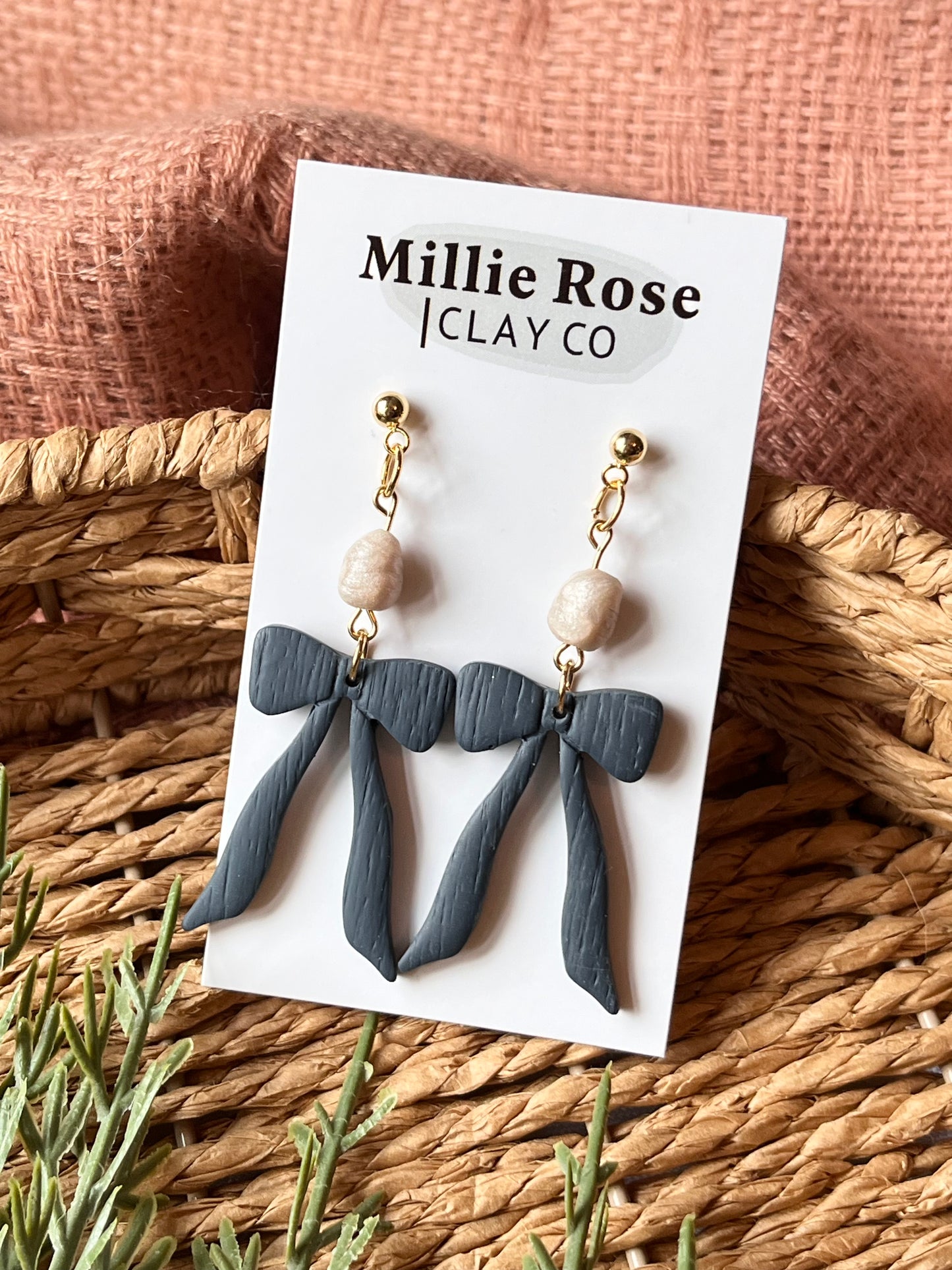 Denim Blue Bow Dangle w/ Clay Pearl (Gold)