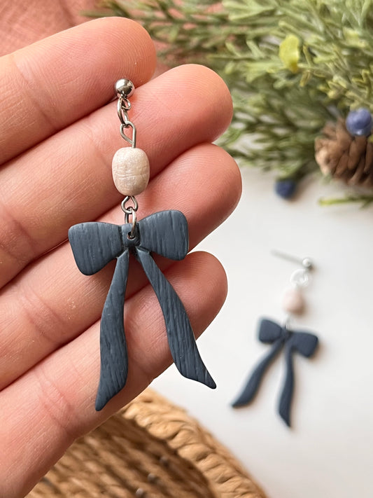 Denim Blue Bow Dangle w/ Clay Pearl (Silver)