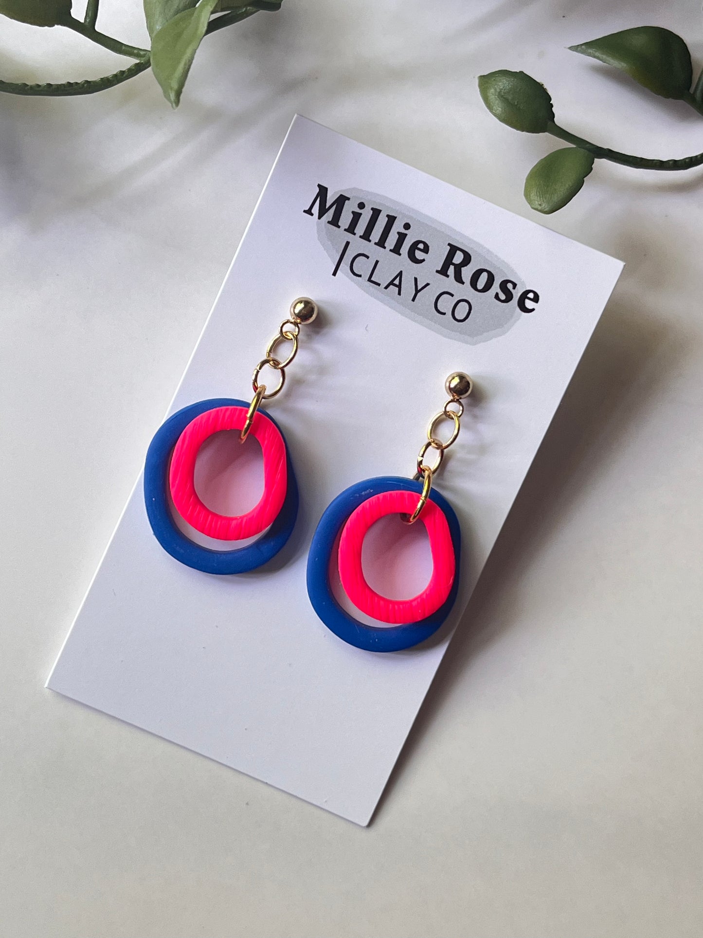 Organic Clay Rings w/ Gold Ball Stud (Cobalt & Florescent Pink)