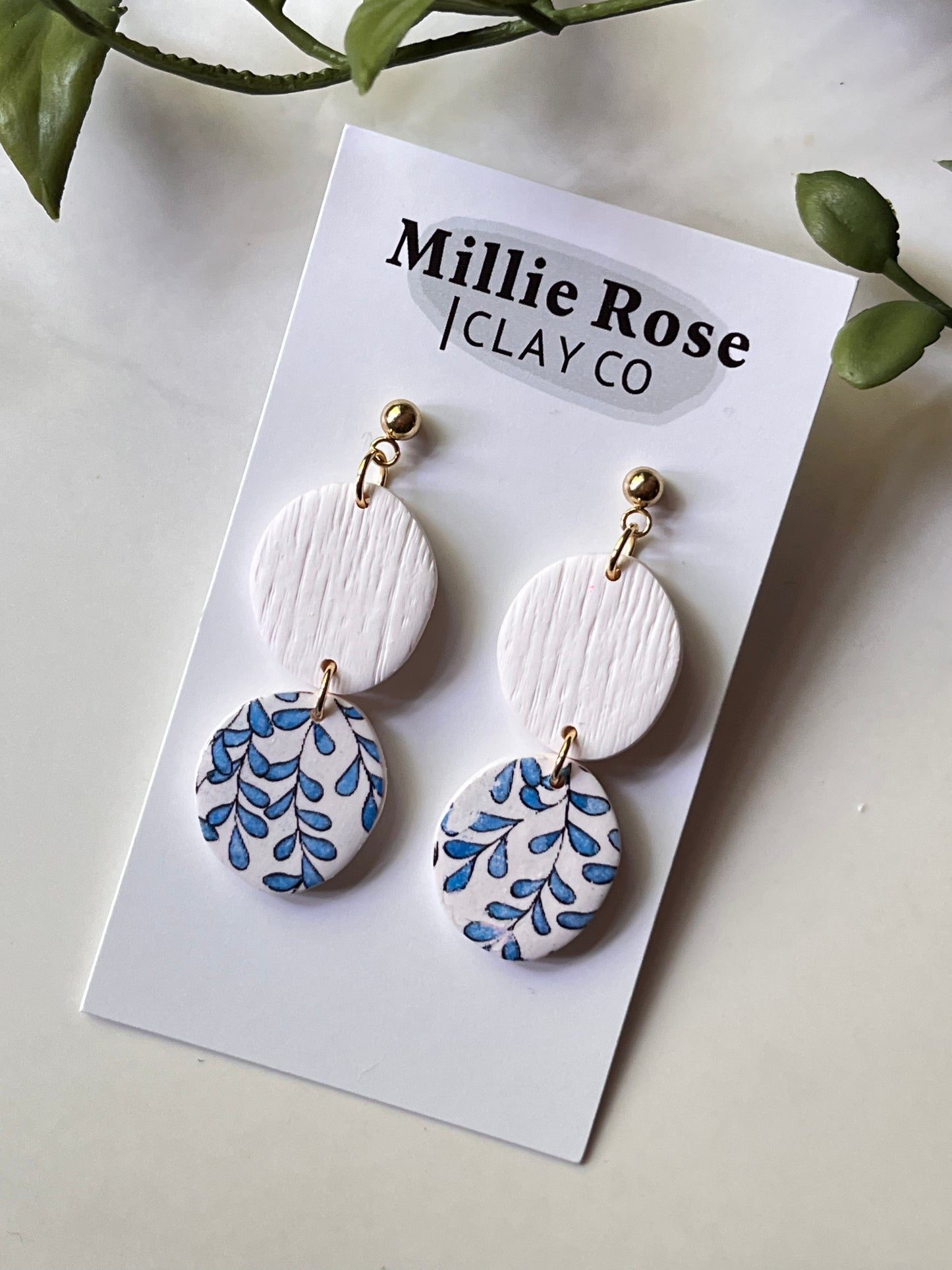 Cream & Blue Vines Stacked Organic Pebble Dangle w/ Gold Ball Stud