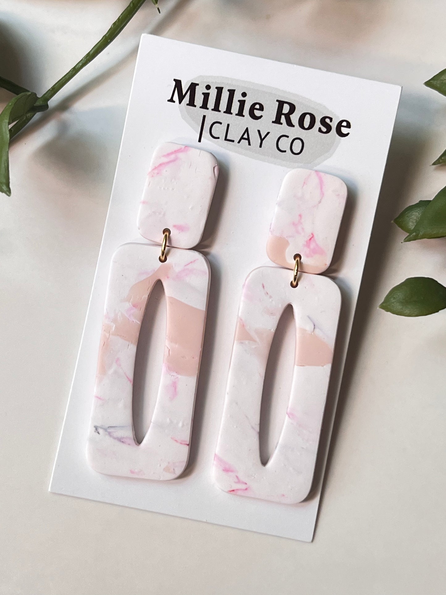 Marble Elongated Rectangle Textured Clay Stud Dangle (Gold)