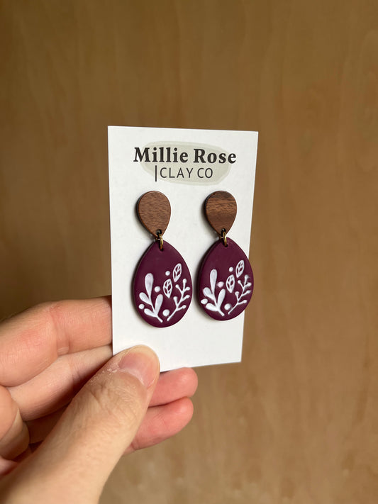 Wine Floral Embossed Teardrop Dangle