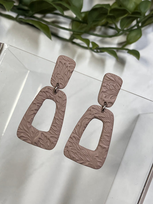 Taupe Leaf Texture Trapezoid Dangle w/ Clay Stud (Silver)