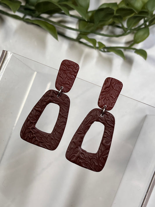 Burgundy Leaf Texture Trapezoid Dangle w/ Clay Stud (Silver)