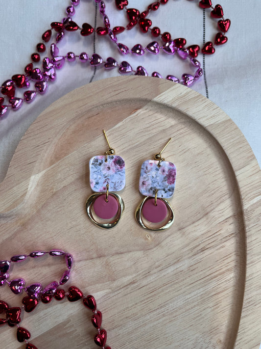 Floral Printed Square Dangle w/ Organic Gold Brass Charm (Pink bottom)