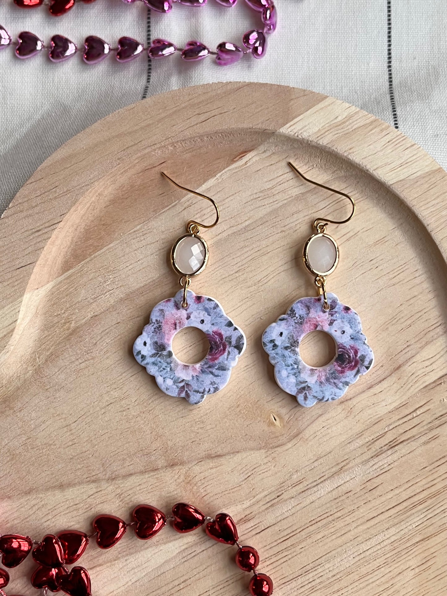 Floral Printed Romantic Circle Hook Dangle w/ gold Opal charm